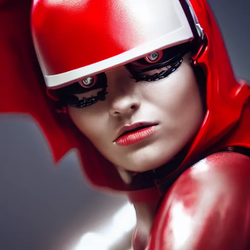 Prompt: headshot of an beautiful female soldier in futuristic intricate glossy sleek white armor with tiny red details and a long red cape, downward angle, determined expression, no helmet, on the surface of mars, night time, cinematic, sci-fi, hyperrealistic