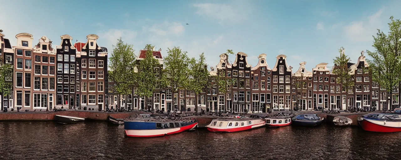 Prompt: view of houses in amsterdam, with water and boats, photography, 3 5 mm, hyper realistic, 8 k, unreal engine, illustration, happy cinematic sunrise lighting, tilt shift, crimson - black