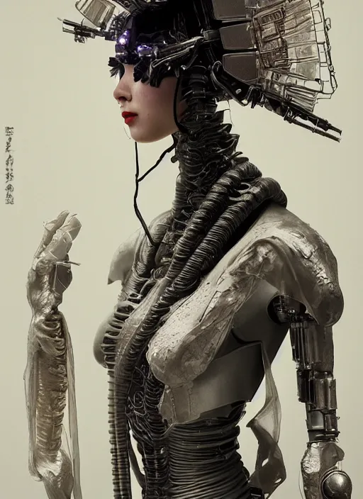 Prompt: portrait of a futuristic geisha cyborg, in the style of ghost in the shell, kintsugi, modern fine art, fractal, intricate, elegant, highly detailed, digital photography, subsurface scattering, by jheronimus bosch and h r giger and greg rutkowski,