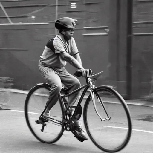 Prompt: a 6 0 0 poinds man riding a bicycle