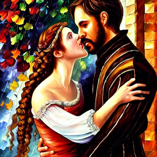 Prompt: highly detailed painting of shakespeare's romeo and juliet, last scene. intricate, high quality oil painting artstyle, in the style of leonid afremov, deviantart, figurative art, deviantart, ilya kuvshinov, lovecraftian, very detailed face, portrait