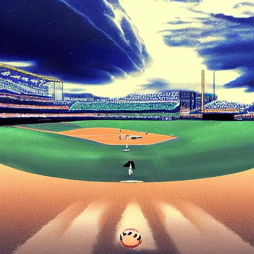 Prompt: baseball tidal wave over baseball park, concept art, by Takumi Park, dreamlike