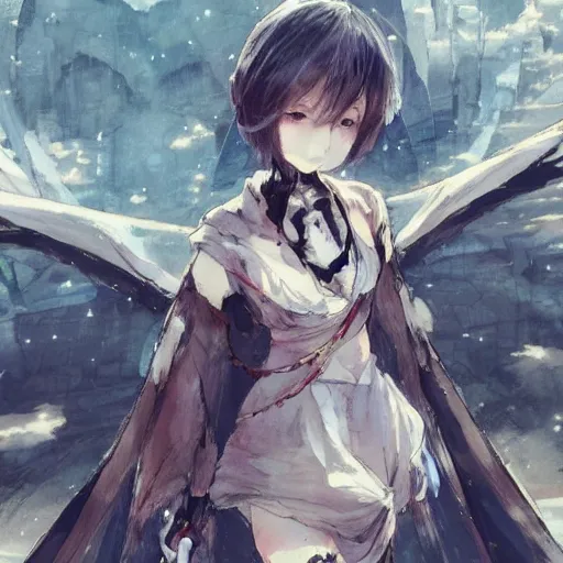 Prompt: concept art of a cute japanese girl with wings and short black hair, wearing !!round glasses!! and a long robe, drawn by akihiko yoshida and tsutomu nihei and makoto shinkai and wadim kashin and john berkey and yoji shinkawa