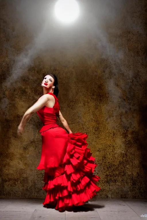 Image similar to spanish flamenco dancer in mallorca wearing a red dress made of flowers, head if red vapor disappearing into ether, evening, dimly lit, foggy, photo realistic, extreme detail skin, no filter, slr, 4 k, high definition