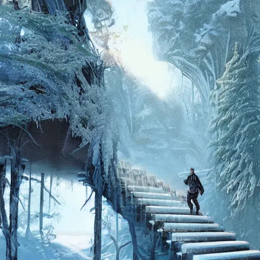 Image similar to stairs leading to a frozen derelict portal in a middle of a snowy lush futuristic forest, lush world seen only through a portal, daylight, cinematic lighting, blue sky, syd mead, john harris