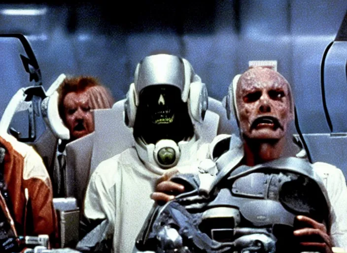 Prompt: a still from a 1 9 8 0 s sci - fi movie directed by ridley scott, paul verhoven and george romero