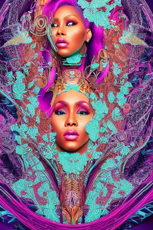 Prompt: cinema 4d colorful render, organic, dark scene, ultra detailed, of a porcelain beautiful nicki minaj face. biomechanical, analog, macro lens, hard light, big leaves and large orange Dragonflies, stems, roots, fine foliage lace, turquoise gold magenta mint green details, high fashion haute couture, art nouveau fashion embroidered, intricate details, mesh wire, mandelbrot fractal, anatomical, facial muscles, cable wires, elegant, hyper realistic, in front of dark flower pattern wallpaper, ultra detailed