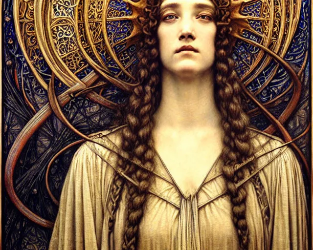 Image similar to detailed realistic beautiful young medieval queen face portrait by jean delville, gustave dore and marco mazzoni, art nouveau, symbolist, visionary, gothic, pre - raphaelite. horizontal symmetry