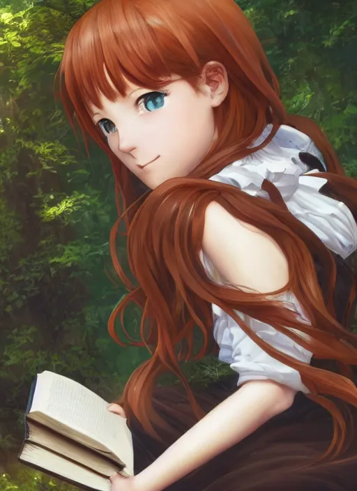 Image similar to a close up of a victorian maid with long flowing auburn hair sitting in a forest reading a book. cute anime eyes. by makoto shinkai, stanley artgerm lau, wlop, rossdraws, james jean, andrei riabovitchev, marc simonetti, krenz cushart, sakimichan, trending on artstation, digital art.