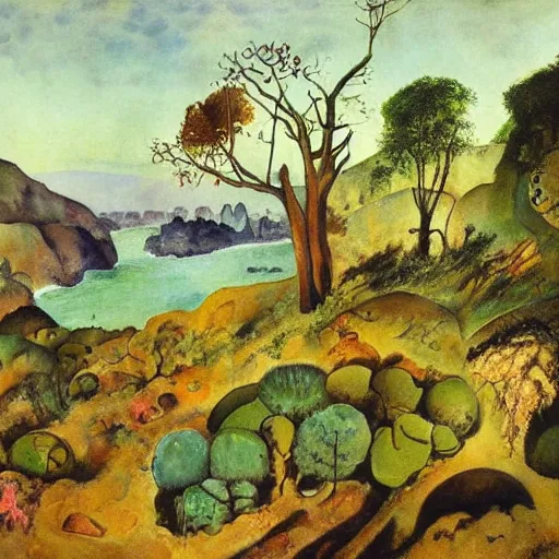 Prompt: painting of a lush natural scene on an alien planet by george grosz. beautiful landscape. weird vegetation. cliffs and water.