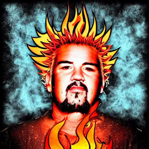 Image similar to guy fieri. surreal flames. abstract portrait. photoshop. bizarre. outdoor grill.