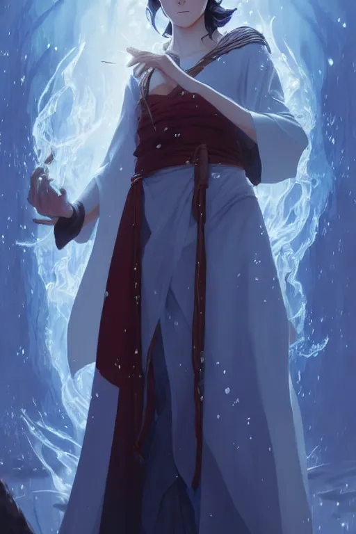 Image similar to elvish female sorcerer doing water magic spells, blue robes, red hair, finely detailed perfect face, exquisite details, mid view, design on a white background, by studio muti, greg rutkowski makoto shinkai takashi takeuchi studio ghibli