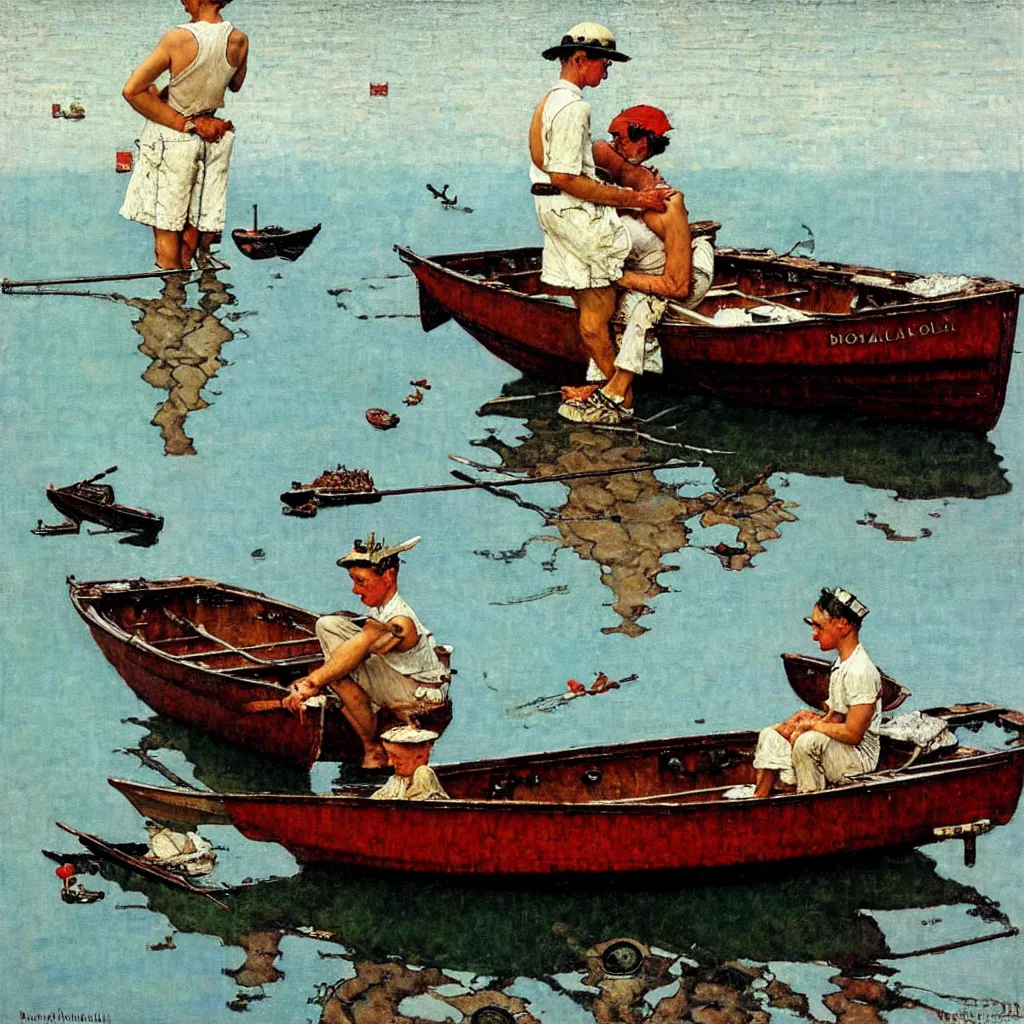 Prompt: a boat on the sea, oil on canvas, by norman rockwell