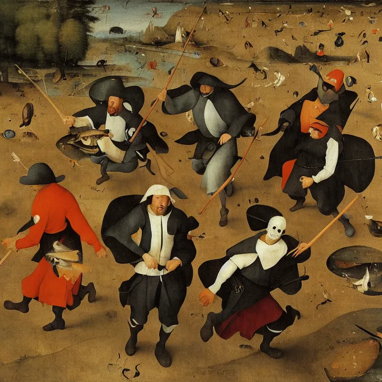 Image similar to The medium shot of three sarcastic mans with fishes running away with a small profit of money, Grim Reaper laughs and follow them, by Hieronymus Bosch and Pieter Bruegel, super detailed oil painting, proportional faces, hyper realistic, 4k, masterpiece