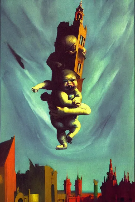 Image similar to evil human giant baby falling from tower, hauntingly surreal, highly detailed painting by francis bacon, edward hopper, adrian ghenie, gerhard richter, and james jean soft light 4 k,