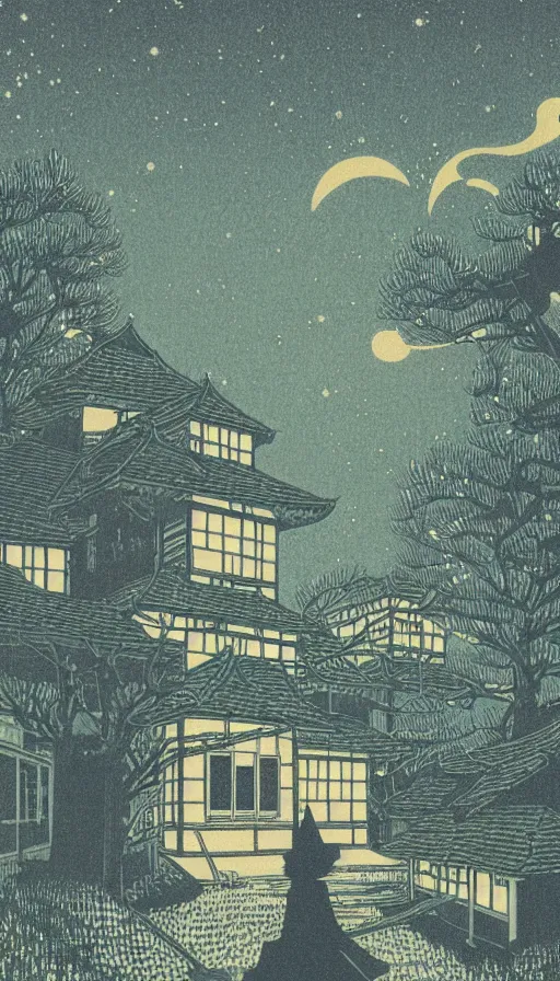 Image similar to witch house space, sharp focus, risograph by kawase hasui, cinematic, game art