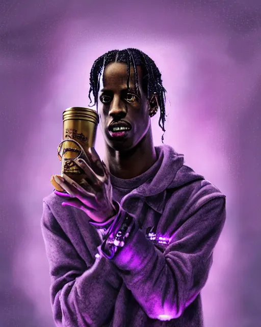 Image similar to travis scott holding cup of codeine, accurate details, detailed face, purple liquid in cup glowing, fantasy, dramatic, intricate, elegant, highly detailed, digital painting, artstation, concept art, smooth, sharp focus, illustration, art by Gustave Dore, octane render