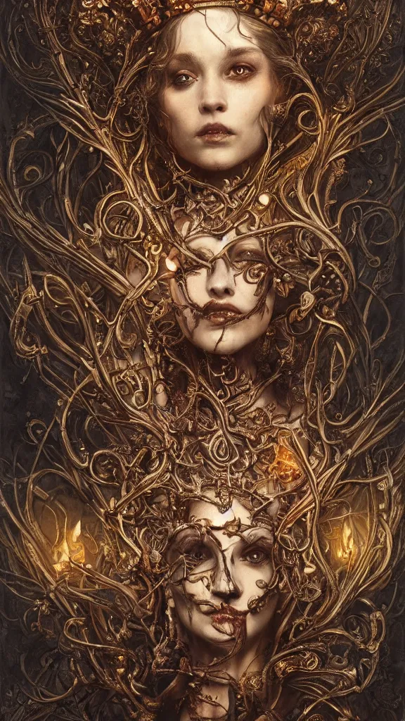 Prompt: breathtaking detailed soft close up painting a skeleton and a crown on her head an intricate metal throne, art nouveau crown of embers, rembrandt style, detailed art nouveau stained glass of flames, highly detailed, artstation, concept art, matte, sharp focus, art by tom bagshaw, artgerm and greg rutkowski