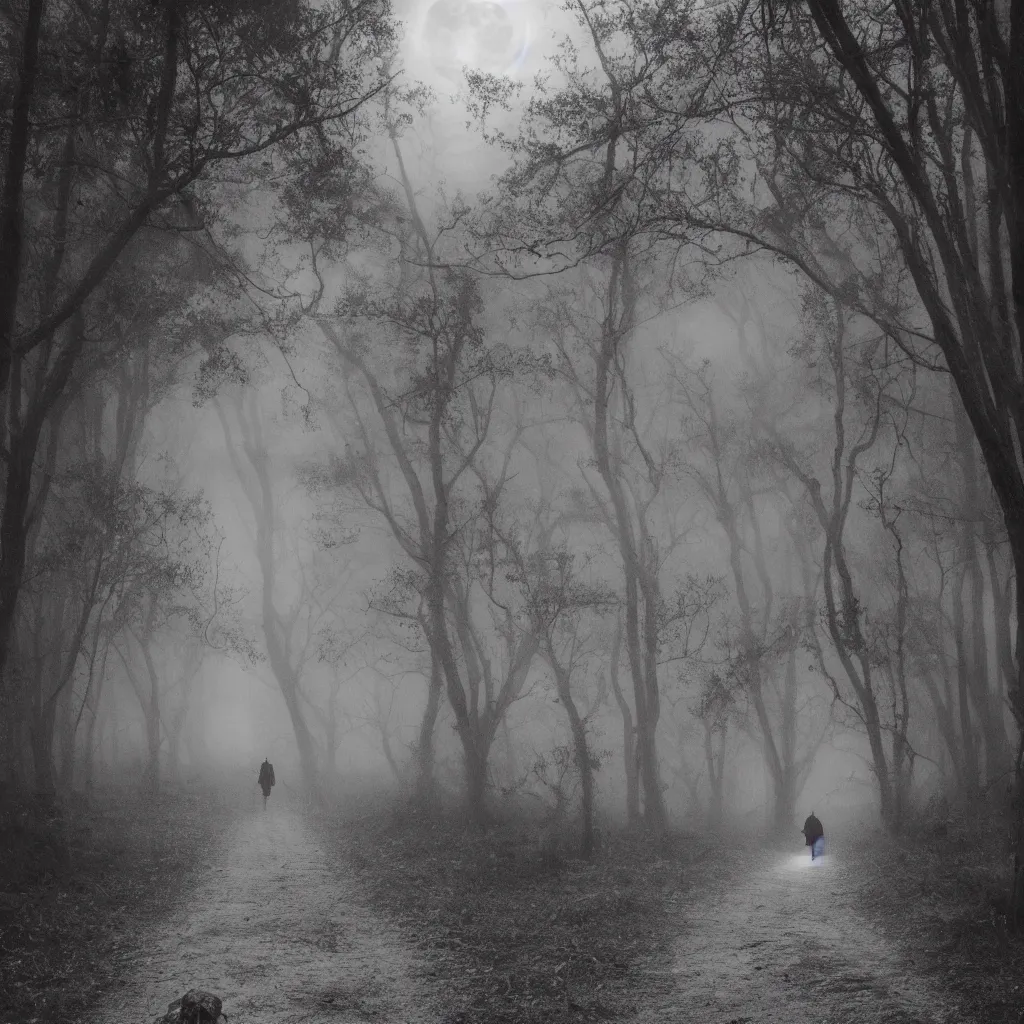 Prompt: path made of skulls, fog, moonlight, scary humanoid standing in the middle