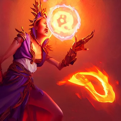 Image similar to The sorceress casting a fireball, Official Hearthstone artwork by Greg Rutkowski in Hearthstone Art style