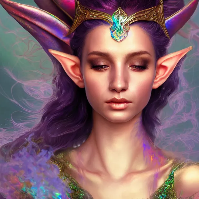 Prompt: detailed portrait of beautiful fantasy elf made of iridescent smoke, dark fantasy, sharp focus, vibrant, vivid, magical shiny skin, symmetry, highly detailed, 4 k digital painting, detailed skin, iridescence reflecting, crystal particles, magical, raytracing, plasma, artistic, concept art by artgerm, greg rutkowski, alphonse mucha, unreal engine render,