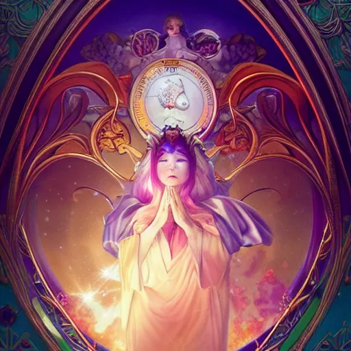 Prompt: clow card style astrologer's prayer, mythology, hidetaka miyazaki, unreal engine 5, art nouveau, vivid colors, intense colors, deep shadows, intricate, symmetry, high detail, elegance, sunlit, clear focus, art of tom bagshaw and quentin mabile, art workstation