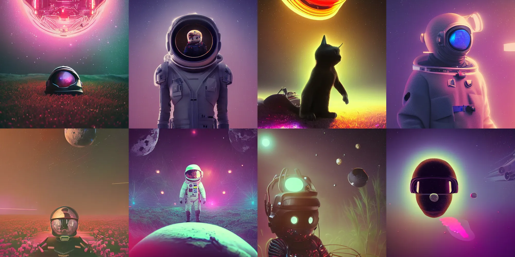 Prompt: beautiful dark landscape, black cat wearing astronaut helmet, beautiful flowers and crystals, in the style of beeple and mike winkelmann, intricate, epic lighting, cinematic composition, hyper realistic, 8 k resolution, unreal engine 5, raytracing, ultraviolet colors,