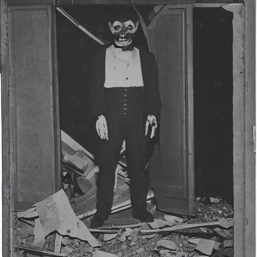 Prompt: a cabinet photo of a scary Zombie lurking at a dark corner of a demolished building at night on the 1800s