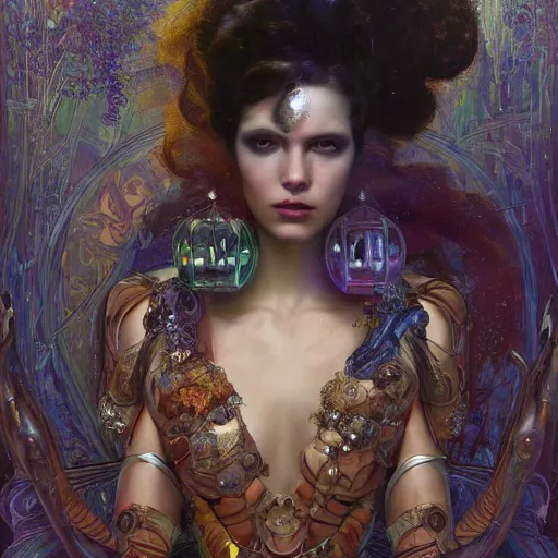 Image similar to extremely psychedelic beautiful cyborg queen of lsd. intricate, elegant, highly detailed, extremely lifelike photorealistic digital painting, artstation. steichen, gaston bussiere, tom bagshaw, cyberpunk alphonse mucha. dark pallet, melancholy. anatomically correct in every way. sultry. sharp focus. soft light.