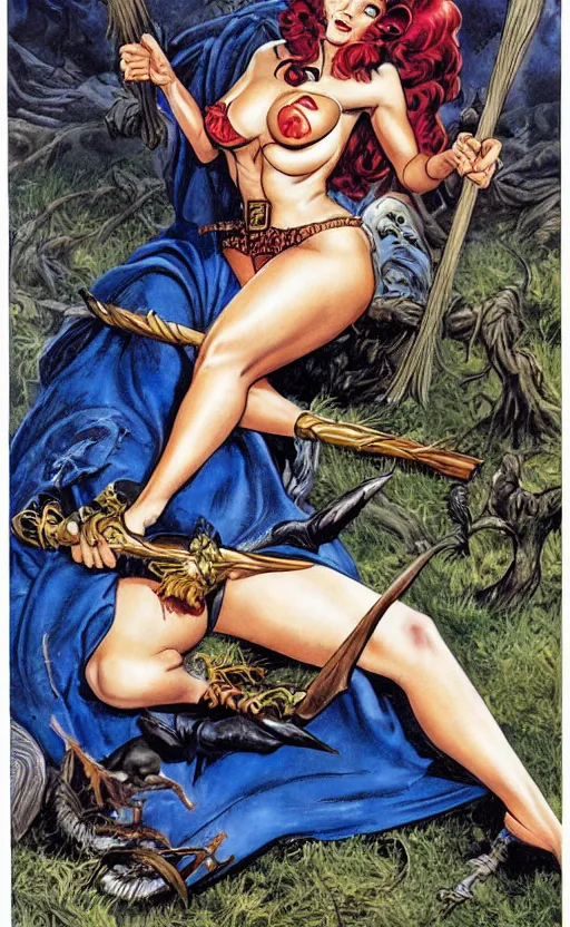 Image similar to pinup of a witch reclining on a broom, by Jeff Easley and Simon Bisley