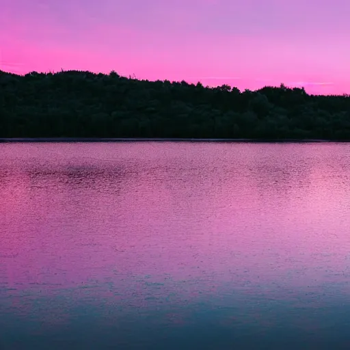 Image similar to dusk with pink and lavender sky with light pink clouds on a lake reflecting the pink sky dreamland