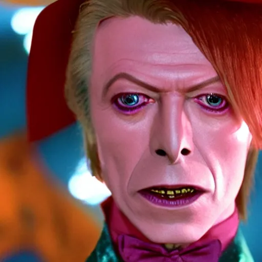 Prompt: photorealistic movie still of David Bowie as Willy Wonka 4k HDR amazing lighting