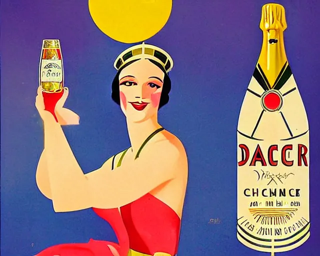 Image similar to art deco tin poster, dancer, melchizedek champagne bottle. cheerful, bright