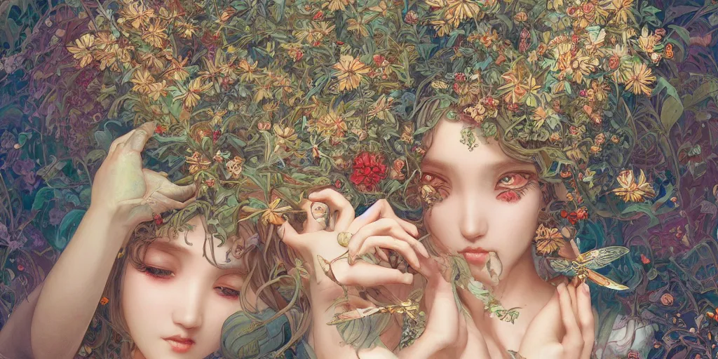 Image similar to breathtaking detailed concept art painting of the goddess of moth, orthodox saint, with anxious, piercing eyes, ornate background, amalgamation of leaves and flowers, by Hsiao-Ron Cheng, James jean, Miho Hirano, Hayao Miyazaki, extremely moody lighting, 8K