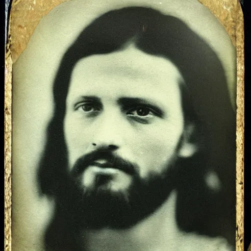 Prompt: old photo of jesus, daguerrotype, tintype, dirty. faded. old photograph, polaroid, highres, wet plate collodion,