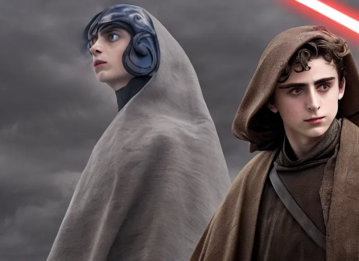 Prompt: timothee chalamet plays anakin skywalker in the live action remake of star wars revenge of the sith, 3 5 mm photography, highly detailed, cinematic lighting, standing pose, 4 k