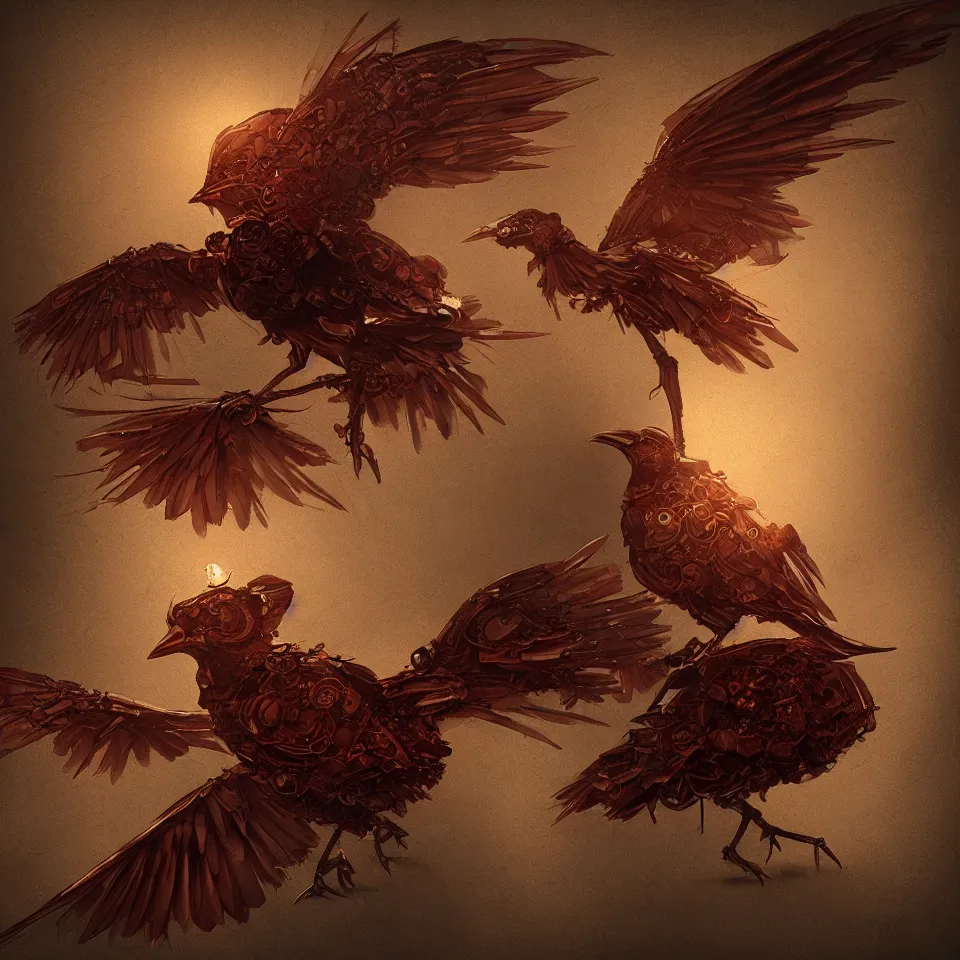 Image similar to a detailed concept art of a steampunk bird by miguel nogueira, gradient dark red, dynamic lighting, cinematic, epic composition, masterpiece