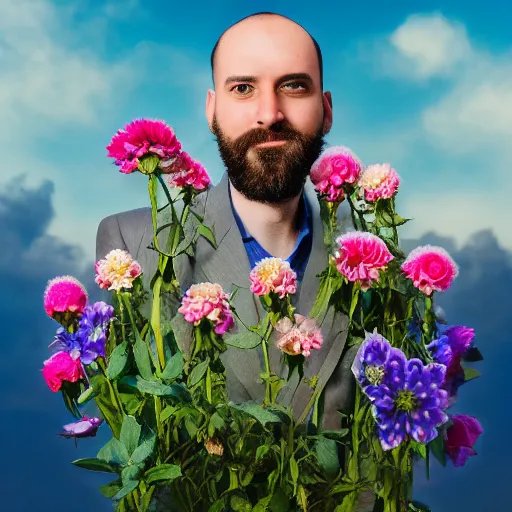 Image similar to a portrait of a man with flowers in the beard, roses peonies forget-me-nots dahlias lupins gladioli, sky theme in background, 35mm Photograph, 4K Resolution, Astrophotography, Digital Art, Trending on artstation