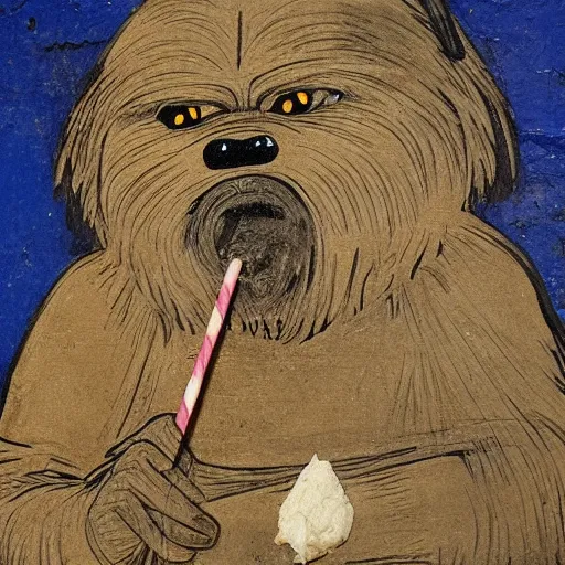 Image similar to An ewok eating a lollipop, Ancient Egyptian mural