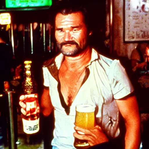 Prompt: Big trouble in little China, Jack Burton (no facial hair) drinking beer, Chinatown bar, amazing shot, colorized, 1987