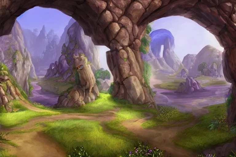 Prompt: Ancient runic portal to Equestria activates, showing Equestria's beautiful landscape inside
