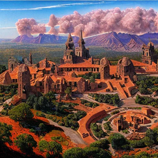 Image similar to an oblique aerial view of a medieval european fantasy city inside a volcanic caldera. the buildings are made of granite with red tiled roofs. the caldera is surrounded by shrubland. painting by ted nasmith, earl norem, bob larkin,.