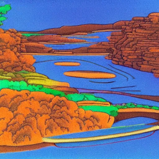 Image similar to a river scene. The river is represented by a line winding through the center of the land art. The banks of the river are represented by two lines, one on each side. Studio Ghibli by John Duncan saturated, improvisational