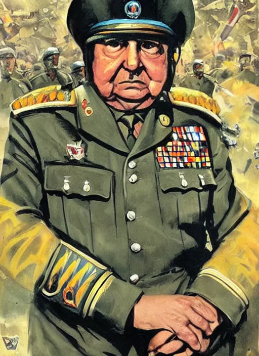 Prompt: pinochet as a cyborg as the dictator of chile illustrations by john berkey