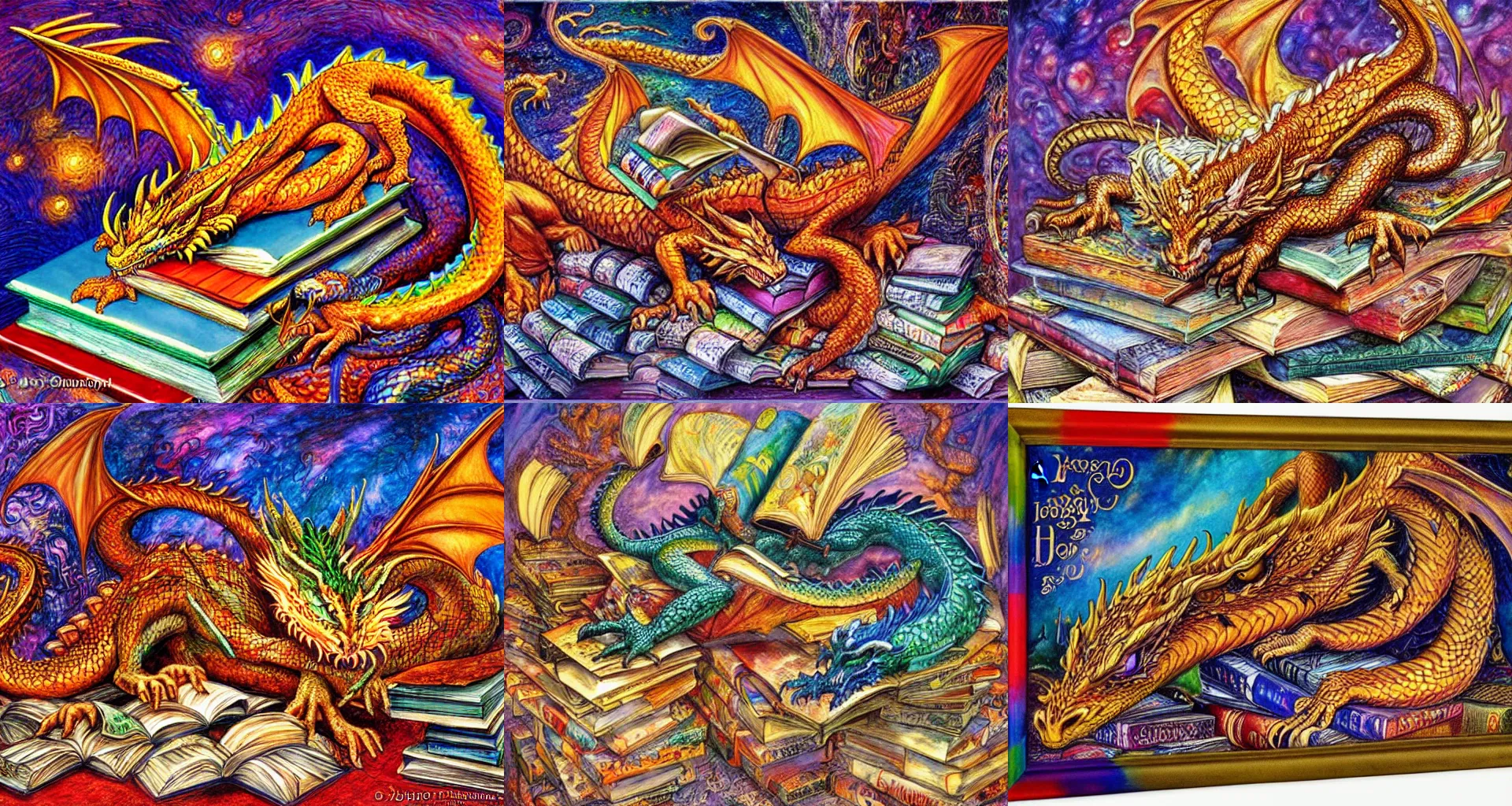 Prompt: A huge dragon sleeping on a huge pile of tiny books, by Josephine Wall.