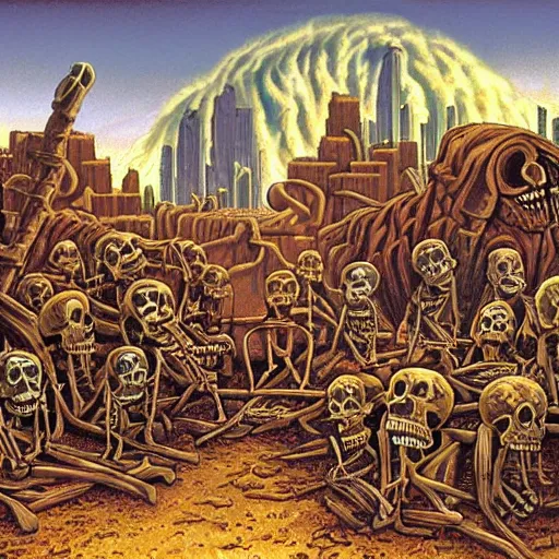 Prompt: skeletons standing in ruined street after nuclear explosion by Greg Hildebrandt. Gamma rays