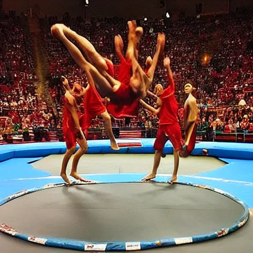 Image similar to “Spartans jumping on trampoline red greece ”