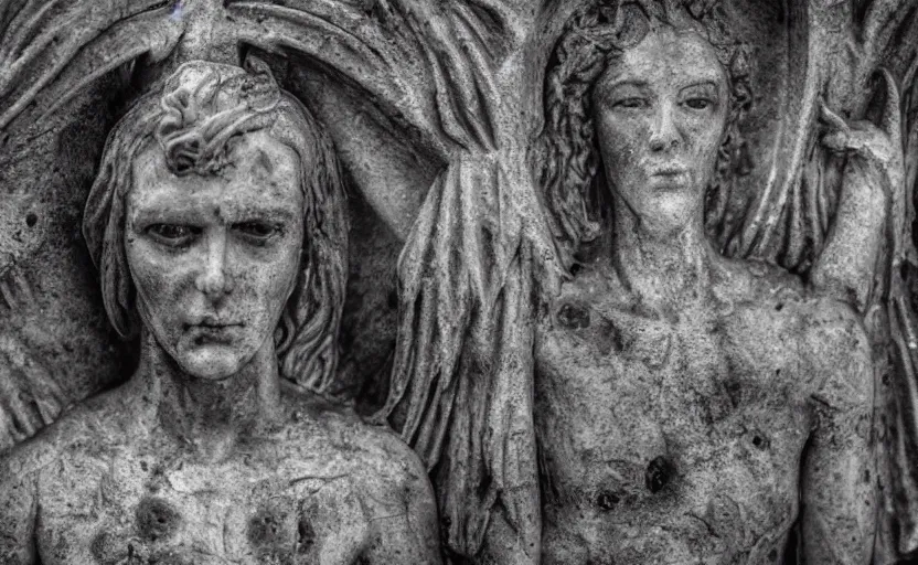 Image similar to several decrepit creepy statues of the archangel gabriel strewn about in a dark claustrophobic old sewer, realistic, underexposed shot, security camera footage, wide shot, sinister, foreboding, grainy photo