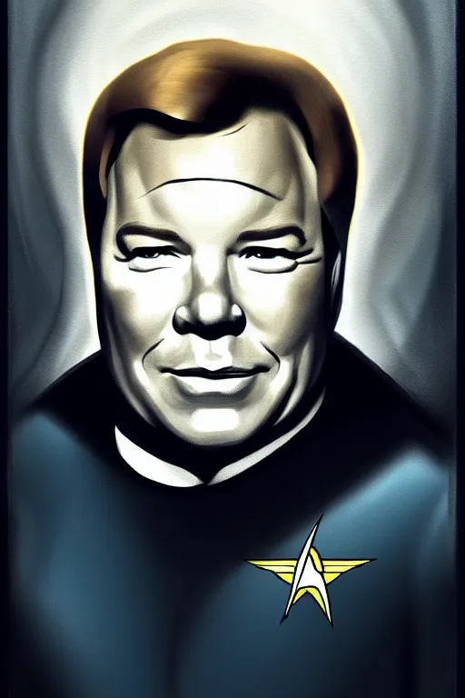 Prompt: a portrait of young william shatner as captain kirk sitting in the captains chair, dark, gothic, sci - fi, portrait, figurativism, muted colors, digital painting in the style of bastien lecouffe - deharme, trending on artstation, detailed