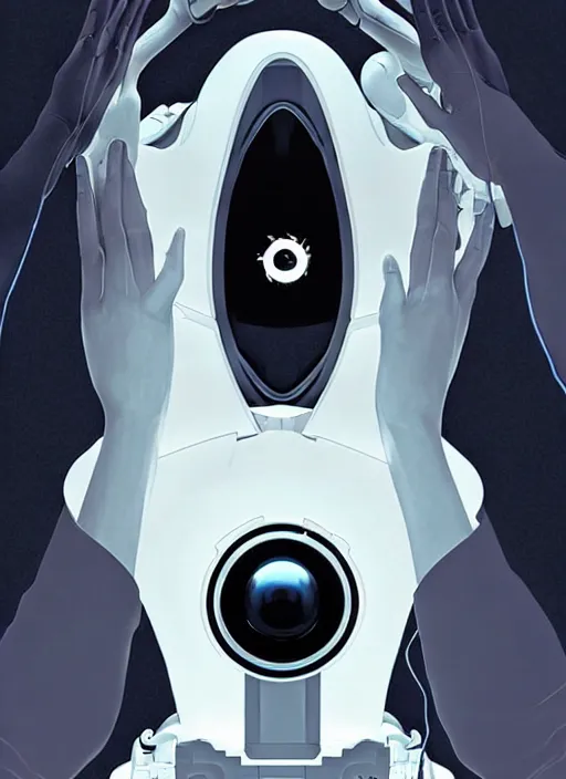 Image similar to poster artwork by Michael Whelan and Tomer Hanuka, of GLADOS from the game Portal 2, from Valve, Aperture Science, clean